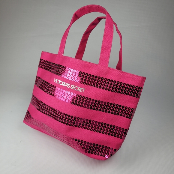NWT Victoria's Secret Small Petite Sequin Pink Striped Canvas Shimmery Tote Bag - Picture 5 of 10